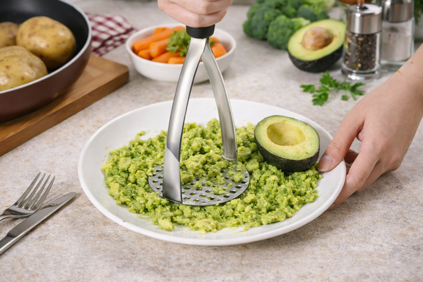 Heavy Duty Stainless Steel Potato Masher – Vegetable & Fruit Food Masher with Ergonomic Non-Slip Handle for Potatoes, Avocado, Banana, Baby Food