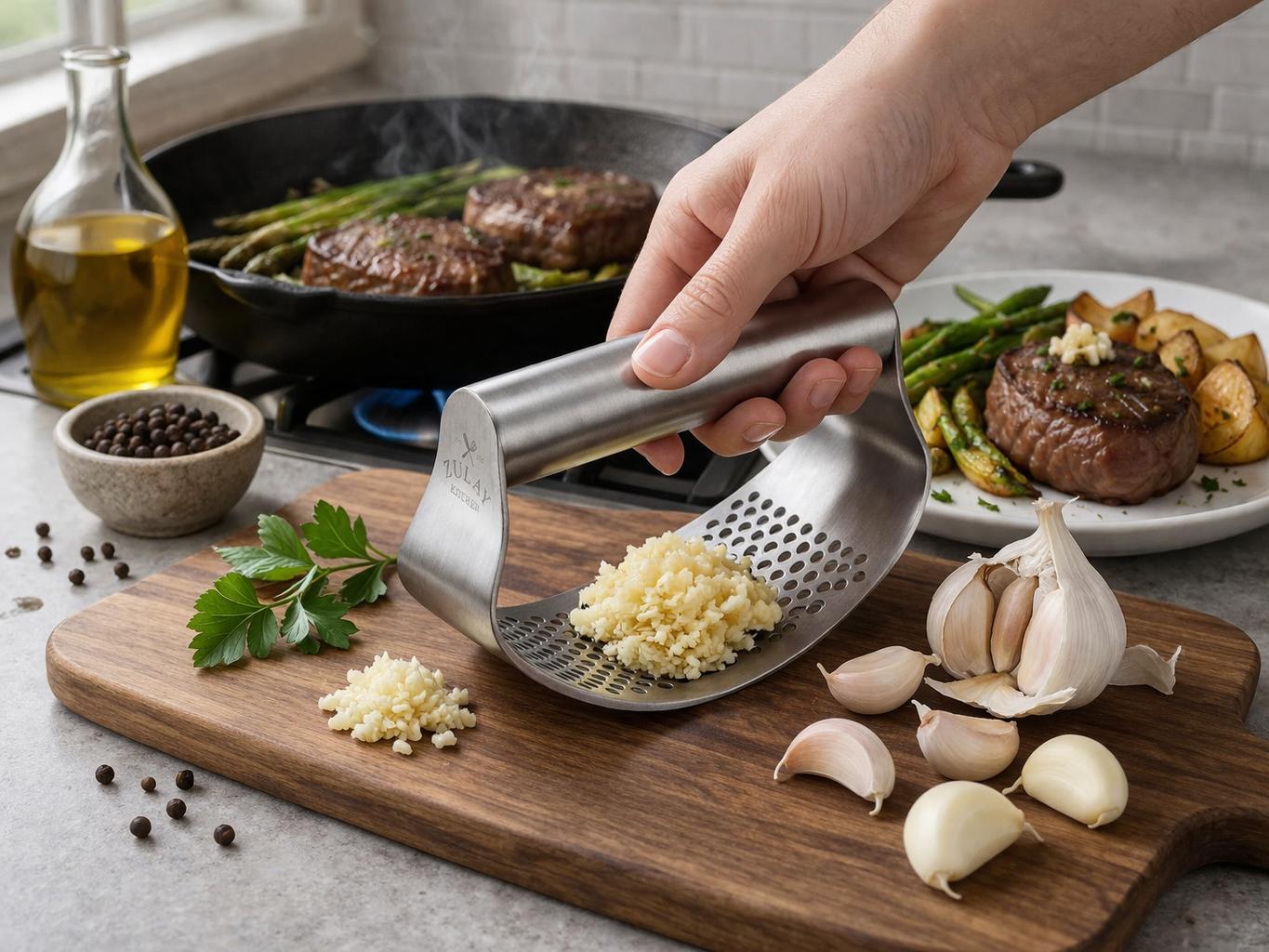 Stainless Steel Garlic Press Rocker Garlic Crusher Manual Garlic Mincer Kitchen Tool with Peeler