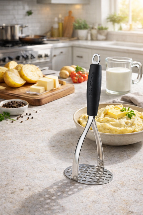 Heavy Duty Stainless Steel Potato Masher – Vegetable & Fruit Food Masher with Ergonomic Non-Slip Handle for Potatoes, Avocado, Banana, Baby Food