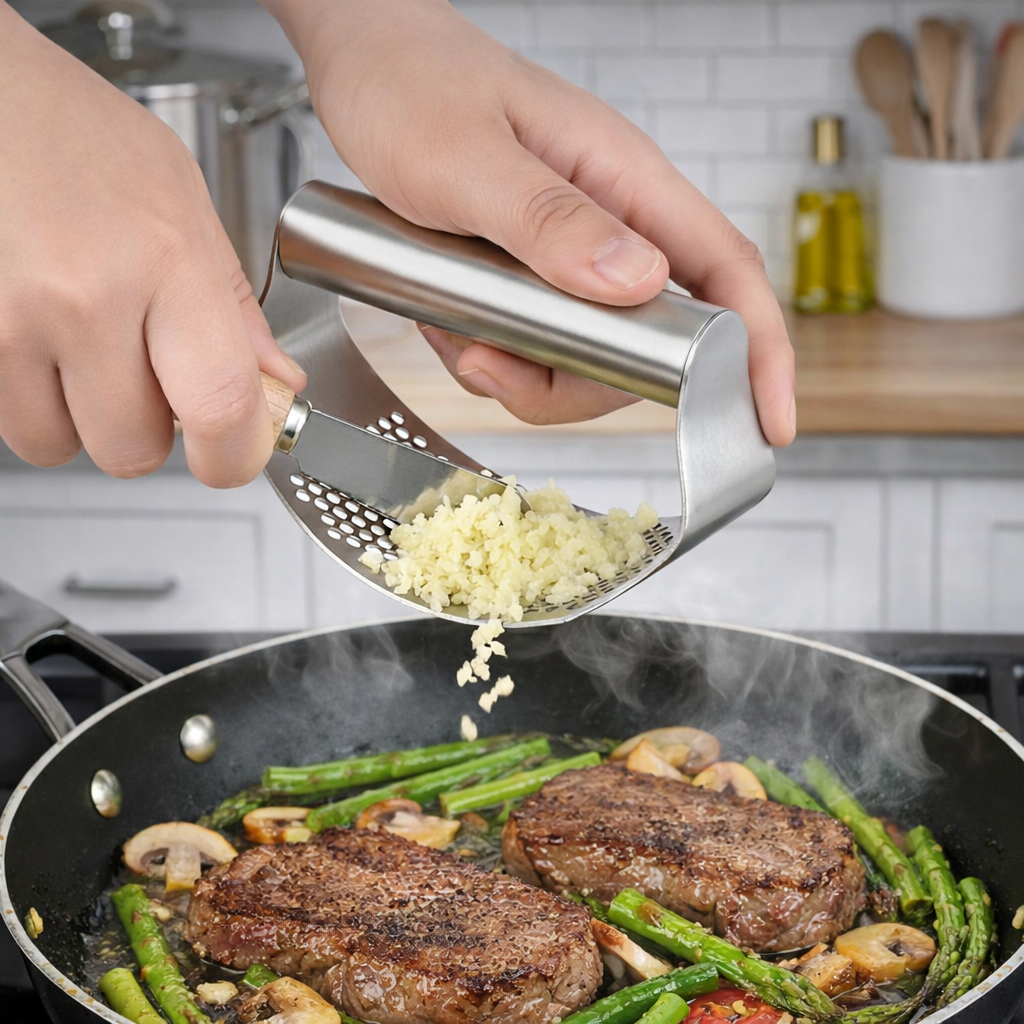 Stainless Steel Garlic Press Rocker Garlic Crusher Manual Garlic Mincer Kitchen Tool with Peeler