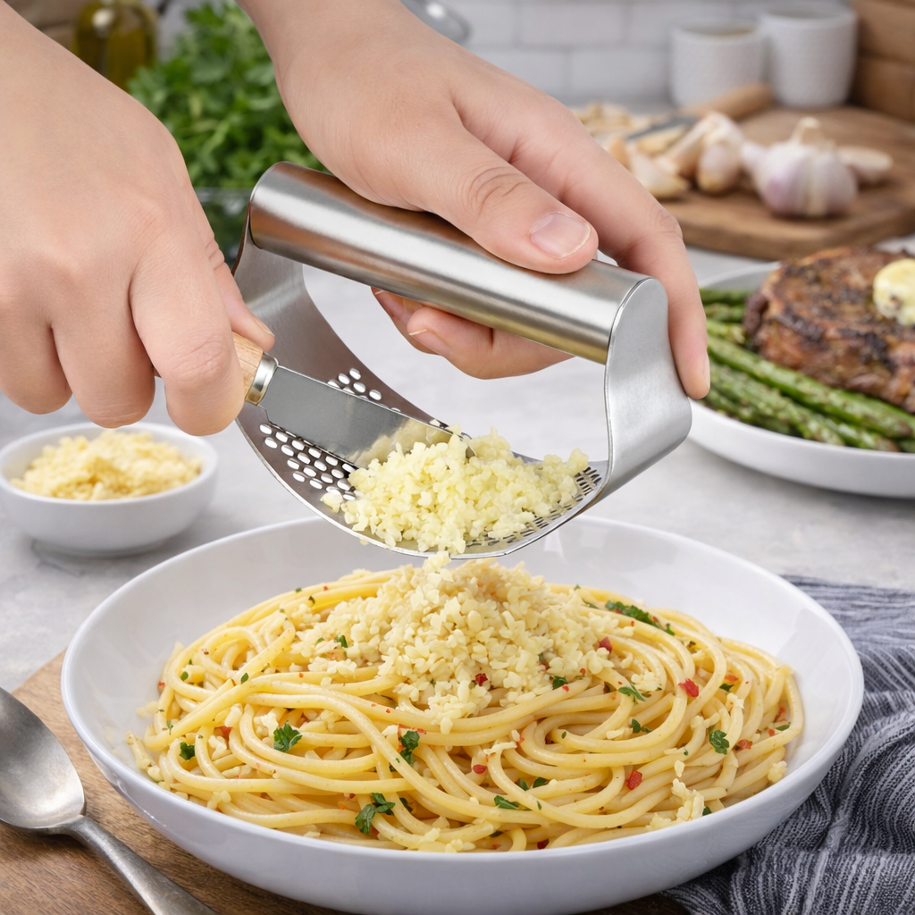 Stainless Steel Garlic Press Rocker Garlic Crusher Manual Garlic Mincer Kitchen Tool with Peeler